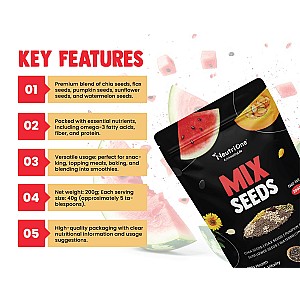 Raw Mix Seeds - 5 in 1 Seeds Mix, Premium Blend | Nutrient-Rich 200g Pack of Chia Seeds, Brown Flax Seeds, Pumpkin Seeds, Sunflower Seeds, Watermelon Seeds (200 g)