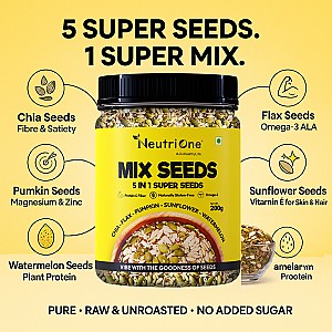 Mix Seeds 5-in-1 Raw Super Seeds Mix for Weight Loss, Protein & Fibre & Omega-3 Sunflower Seeds, Pumpkin Seeds, Watermelon Seeds, Brown Flax Seeds, Chia Seeds (200 g)