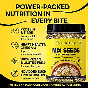 Mix Seeds 5-in-1 Raw Super Seeds Mix for Weight Loss, Protein & Fibre & Omega-3 Sunflower Seeds, Pumpkin Seeds, Watermelon Seeds, Brown Flax Seeds, Chia Seeds (200 g)