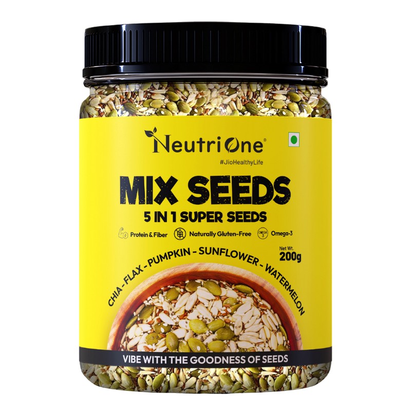Mix Seeds 5-in-1 Raw Super Seeds Mix for Weight Loss, Protein & Fibre & Omega-3 Sunflower Seeds, Pumpkin Seeds, Watermelon Seeds, Brown Flax Seeds, Chia Seeds (200 g)