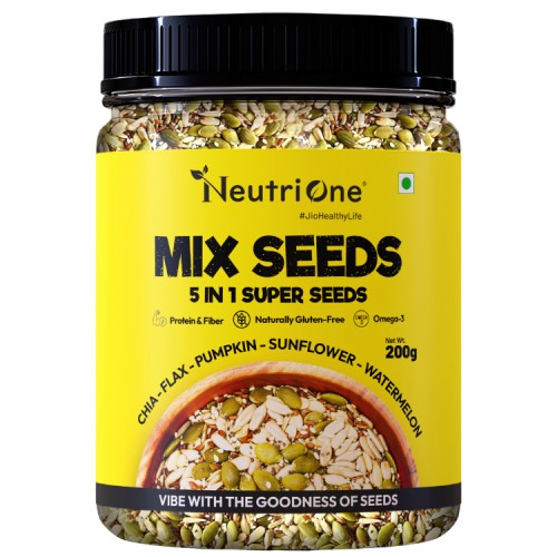 Mix Seeds 5-in-1 Raw Super Seeds Mix for Weight Loss, Protein & Fibre & Omega-3 Sunflower Seeds, Pumpkin Seeds, Watermelon Seeds, Brown Flax Seeds, Chia Seeds (200 g)