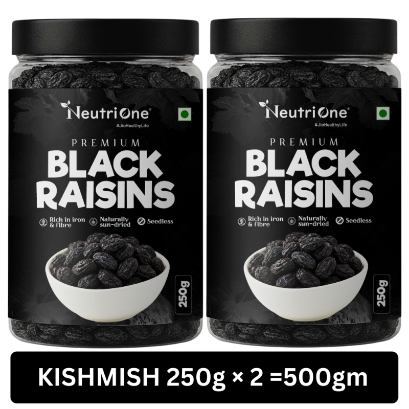 NeutriOne Premium Black Raisins | Kismish 500 gm | Sweet & Soft Kishmish/Kismis dry fruits Raisins (2 x 250 g)