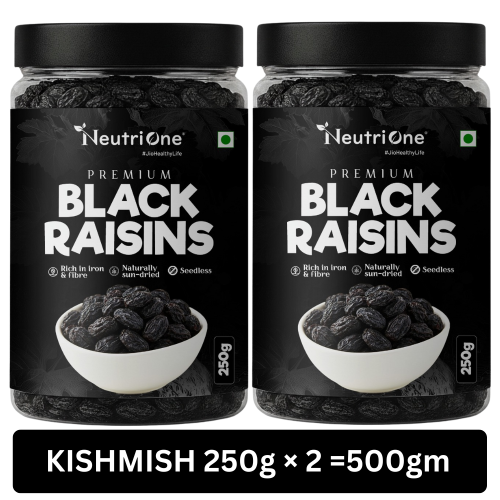 NeutriOne Premium Black Raisins | Kismish 500 gm | Sweet & Soft Kishmish/Kismis dry fruits Raisins (2 x 250 g)