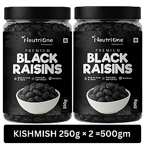 NeutriOne Premium Black Raisins | Kismish 500 gm | Sweet & Soft Kishmish/Kismis dry fruits Raisins (2 x 250 g)