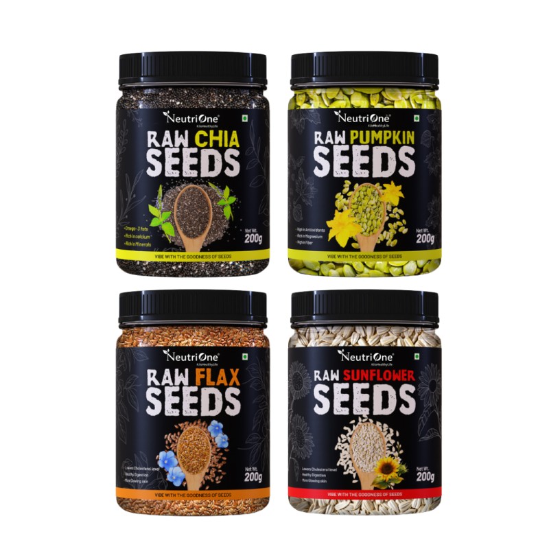 Raw Mixed Seeds Combo Enriched with Protein & Fiber for WeightLoss Immunity Gain Chia Seeds, Brown Flax Seeds, Pumpkin Seeds, Sunflower Seeds (4 x 200 g)